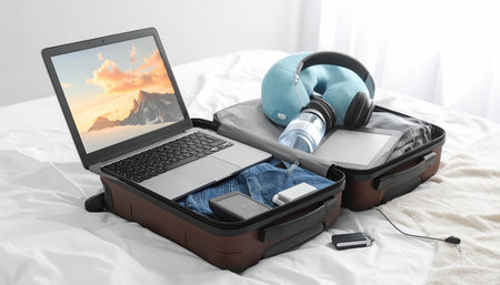 laptop with travel accessories on the bed, concept of online travelの素材