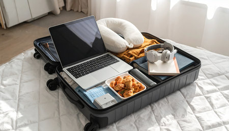 Laptop with open travel suitcase on bed at home. Travel conceptの素材