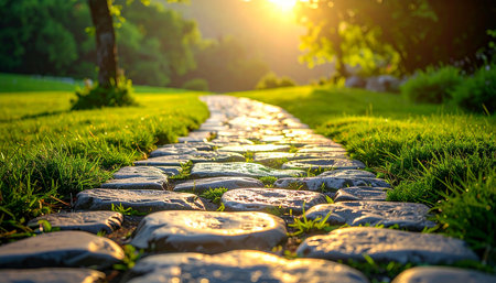 Stone walkway in the park with green grass and sunlight background.の素材