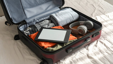 Open suitcase with clothes, tablet and headphones on bed, closeupの素材