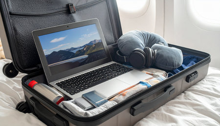 Laptop with headphones and suitcases on the plane. Travel conceptの素材