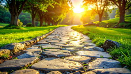 Stone walkway in the park at sunset, beautiful nature background.の素材