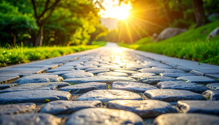 Cobblestone pathway in the park with sunbeam at morningの素材