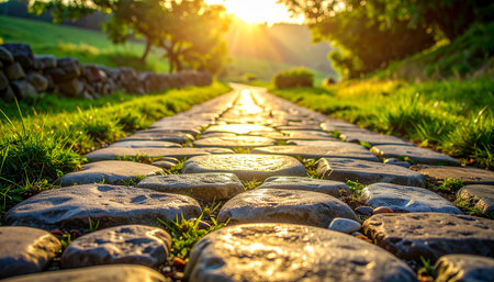 Stone walkway in the park at sunset. Beautiful summer landscape.の素材