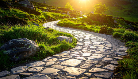 Cobblestone path leading to the sun at sunset in the mountainsの素材