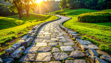 Stone walkway in the park with sunlight at morning, Thailand.の素材
