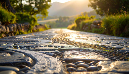 Cobblestone road in the garden at sunset with sun raysの素材