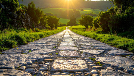 Cobblestone road at sunset in Tuscany, Italyの素材