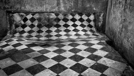 Black and white image of a chessboard in an abandoned room.の素材