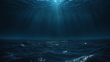 Deep blue sea with sunbeams and waves. 3d renderの素材
