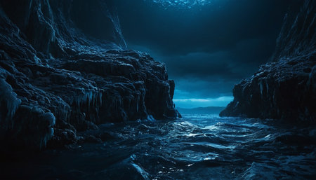Fantasy landscape with dark cave and blue sea. 3D renderingの素材