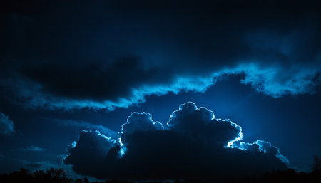 Night sky with dark clouds and bright lightning at night. Nature backgroundの素材
