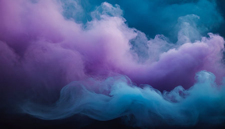Abstract cloud of blue, pink and purple smoke on a black backgroundの素材