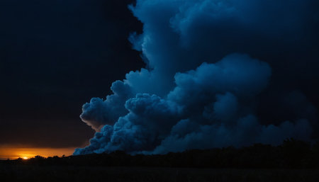 Smoke from the chimney of a power plant at night.の素材