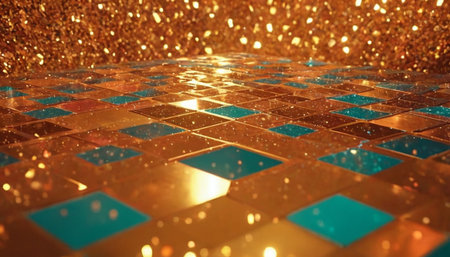 3d render, abstract background with square shapes and golden glittering lightsの素材