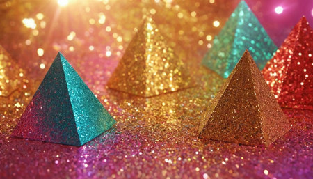 pyramid of gold and blue sequins on a bokeh backgroundの素材