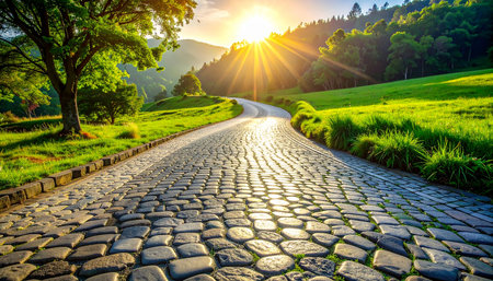 Beautiful sunrise over a cobblestone road in the mountains.の素材