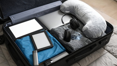 Suitcase with things and accessories for travelling on bed, closeupの素材