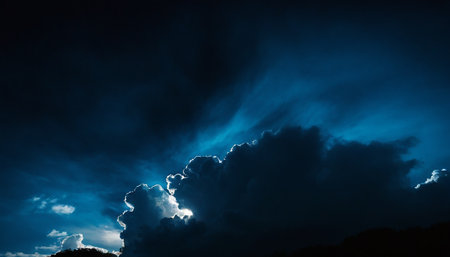 Dramatic dark stormy sky with glowing clouds, natural backgroundの素材