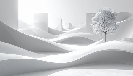 Abstract 3d rendering of white landscape with tree and shadows. Futuristic design.の素材