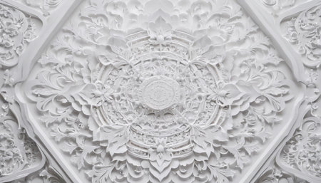Beautiful white carved molding art on the wall of Thai templeの素材