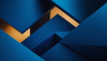 Abstract blue and orange geometric background with copy space. 3d render illustrationの素材