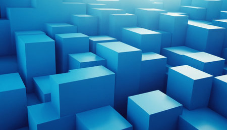 Abstract blue background with cubes, 3d render, square composition.の素材
