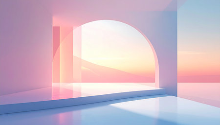 3d render of an empty room with a view of the sunsetの素材