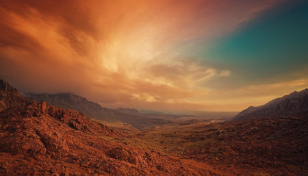 Fantastic sunset in mountains. Dramatic sky. 3d renderの素材