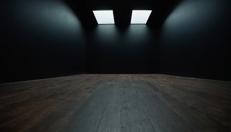 Empty dark room with wooden floor and spotlight. 3d rendering.の素材