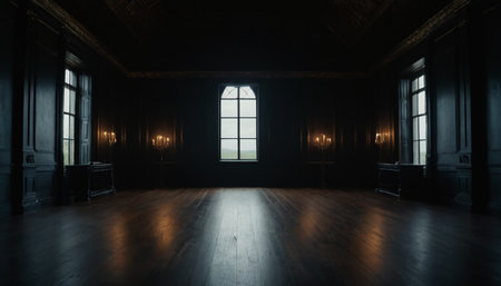 Interior of an old dark room with large windows and a wooden floorの素材