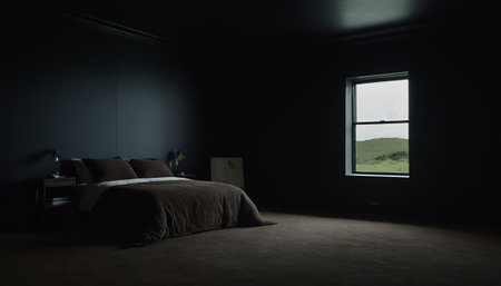 Dark bedroom interior with bed and window. 3D Rendering.の素材