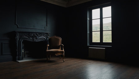Interior of an old room with an armchair and a fireplaceの素材