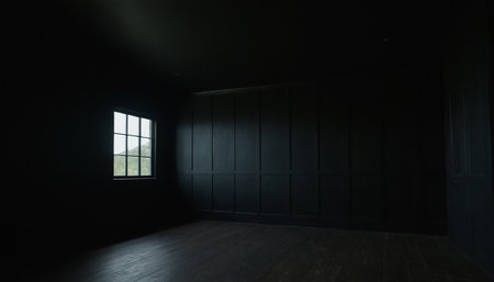 Interior of a dark room with a window and a wooden floorの素材