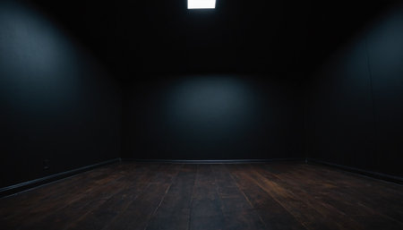 Empty room with black wall and wooden floor. 3d rendering.の素材