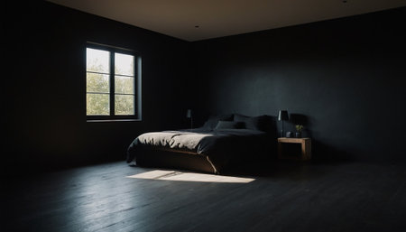 Interior of a modern bedroom with black walls, wooden floor and big bedの素材