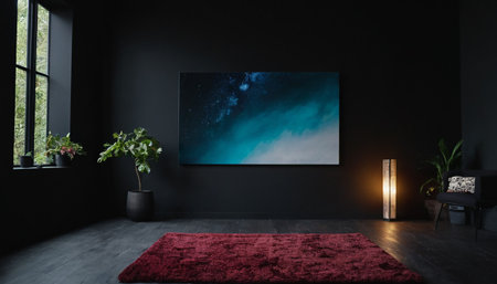 Black room with a red carpet on the floor, 3d renderingの素材