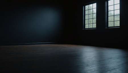 Dark empty room with window and wooden floor. 3d rendering.の素材