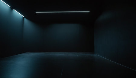 Empty black room with lights in the dark, modern and futuristic interiorの素材