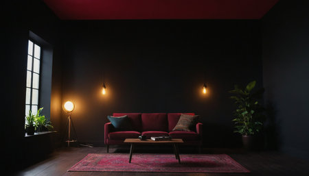 Interior of modern living room with dark wall and red sofa 3D renderingの素材