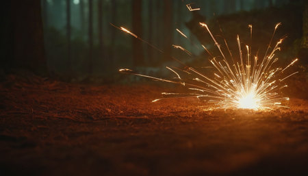 Sparkler in the dark forest at night. Firework.の素材