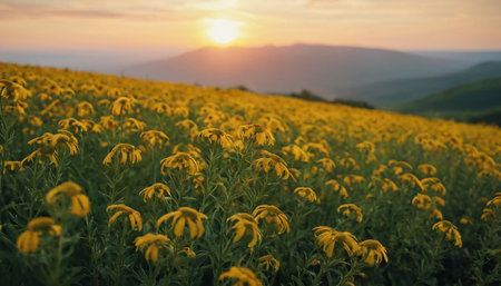 Sunflower field at sunset in the mountains of Tuscany, Italyの素材