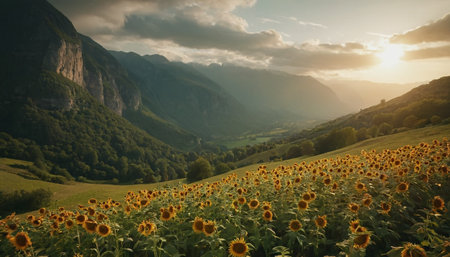Sunflower field in the mountains at sunset. Beautiful summer landscape.の素材