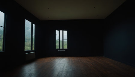 Interior of empty room with window and wooden floor, 3d renderの素材