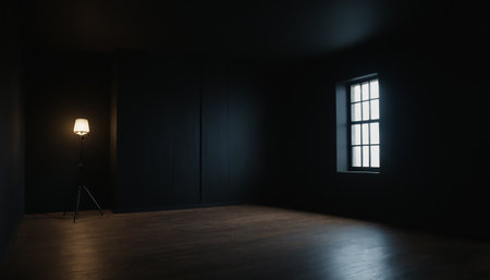 3d rendering of a dark room with a window and a spotlightの素材