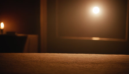 Empty table in a dark room with a burning candle in the backgroundの素材