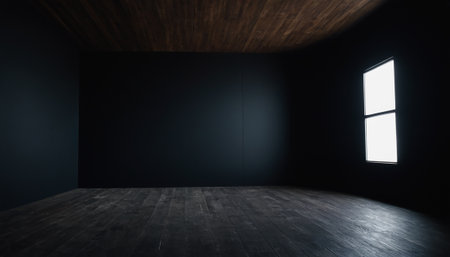 3d rendering of empty room with window and wooden floor in dark roomの素材