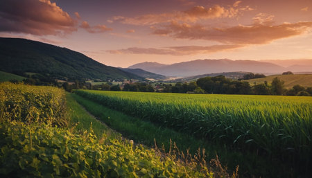 Sunset in the mountains. Landscape with green field and village.の素材