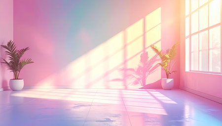 interior with large window, 3d render, pink and blueの素材