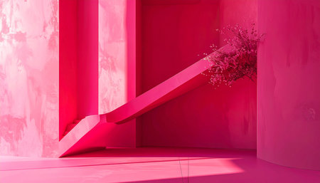 Abstract pink interior with stairs and vase of flowers. 3d renderの素材